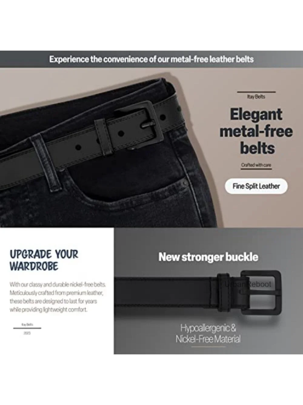 Hypoallergenic Metal Free Leather Belt, TSA Approved, Nickel Free Mens Belt